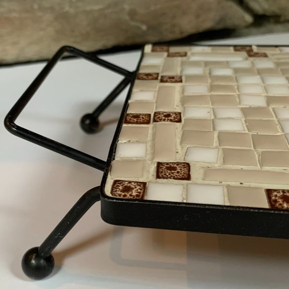 VTG Mosaic Tile Trivet Tray Ceramic Tan Brown MCM Mid-century Modern Serving - Picture 4 of 8